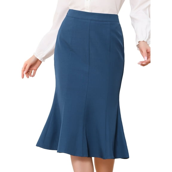DARING DIVA Women's Ruffle Hem Pencil Skirt High Waist Midi Skirts L Blue