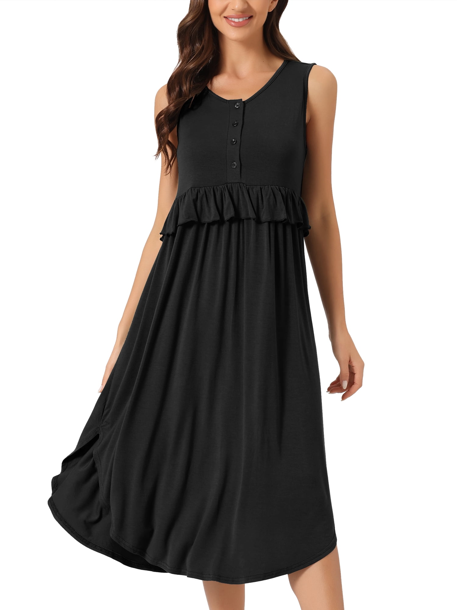DARING DIVA Women's Ruffle Maternity Sleeveless Pleated Loose Nightgown S Black