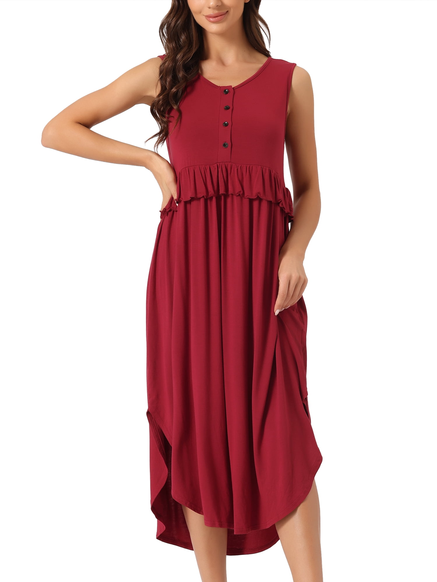 DARING DIVA Women's Ruffle Maternity Sleeveless Pleated Loose Nightgown XS Burgundy