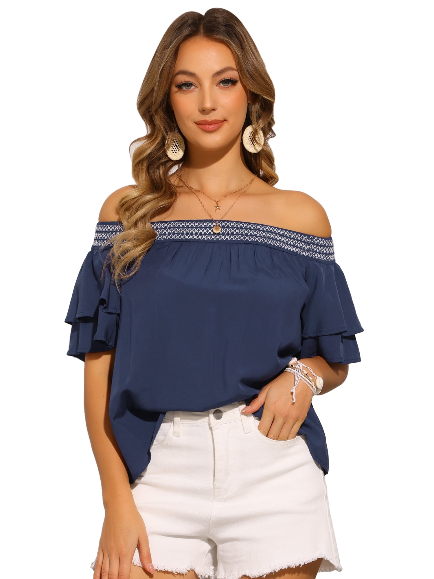 DARING DIVA Women's Ruffle Off Shoulder Short Sleeve Smocked Boho Blouse S Dark Blue