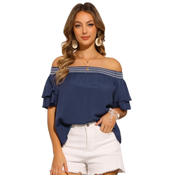 DARING DIVA Women's Ruffle Off Shoulder Short Sleeve Smocked Boho Blouse XS Dark Blue