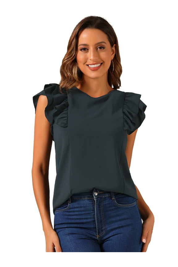 Women's Ruffle Round Neck Layer Cap Sleeve Blouses XS Black