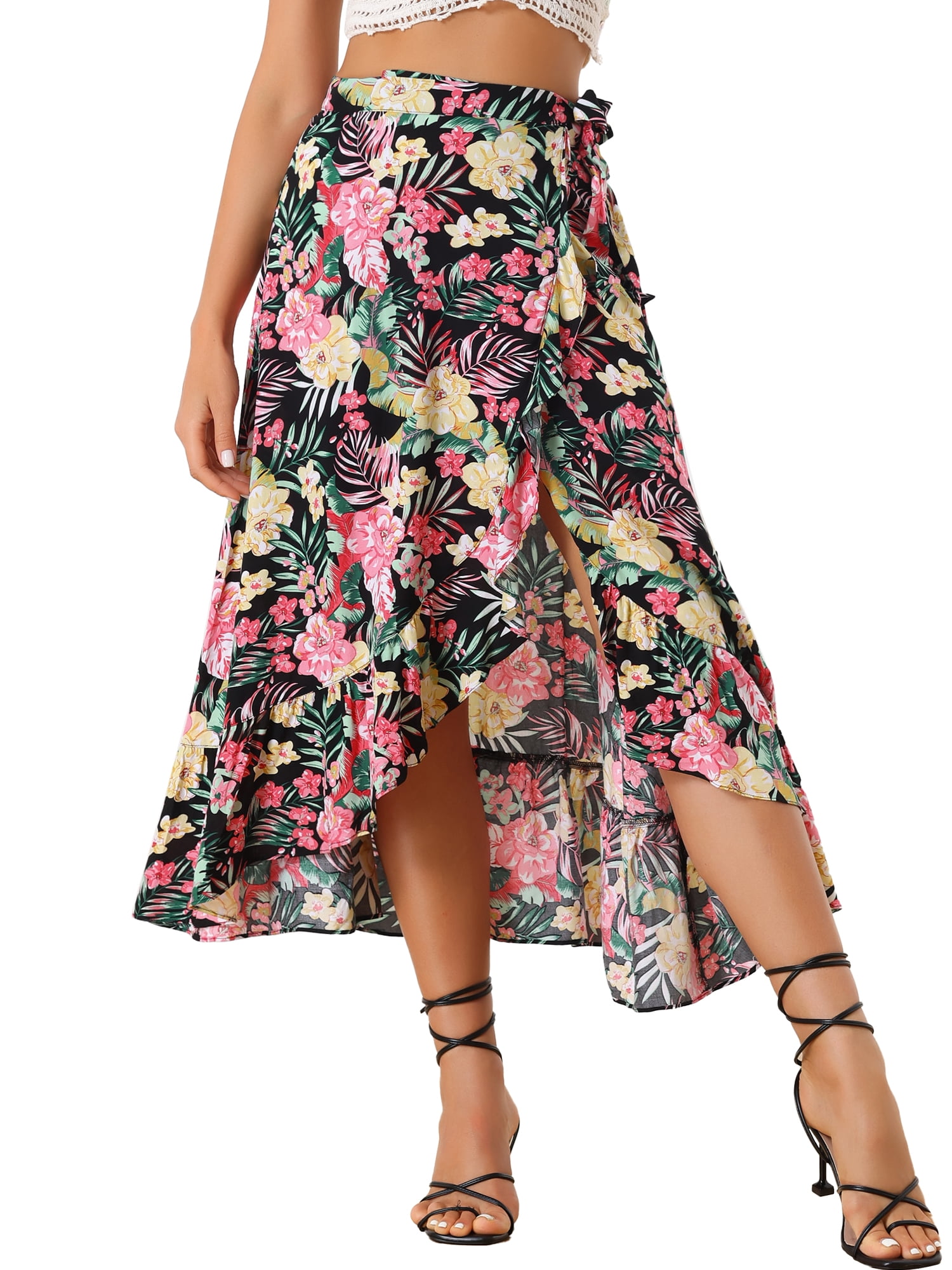 DARING DIVA Women's Ruffle Self Tie Knot Split Beach Wrap Midi Skirt L Black