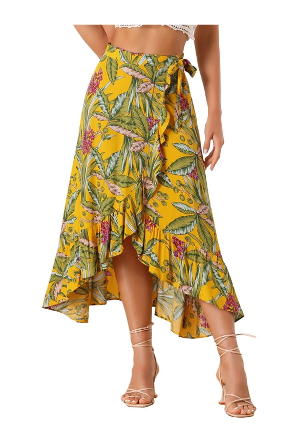 Women's Ruffle Self Tie Knot Split Beach Wrap Midi Skirt M Yellow