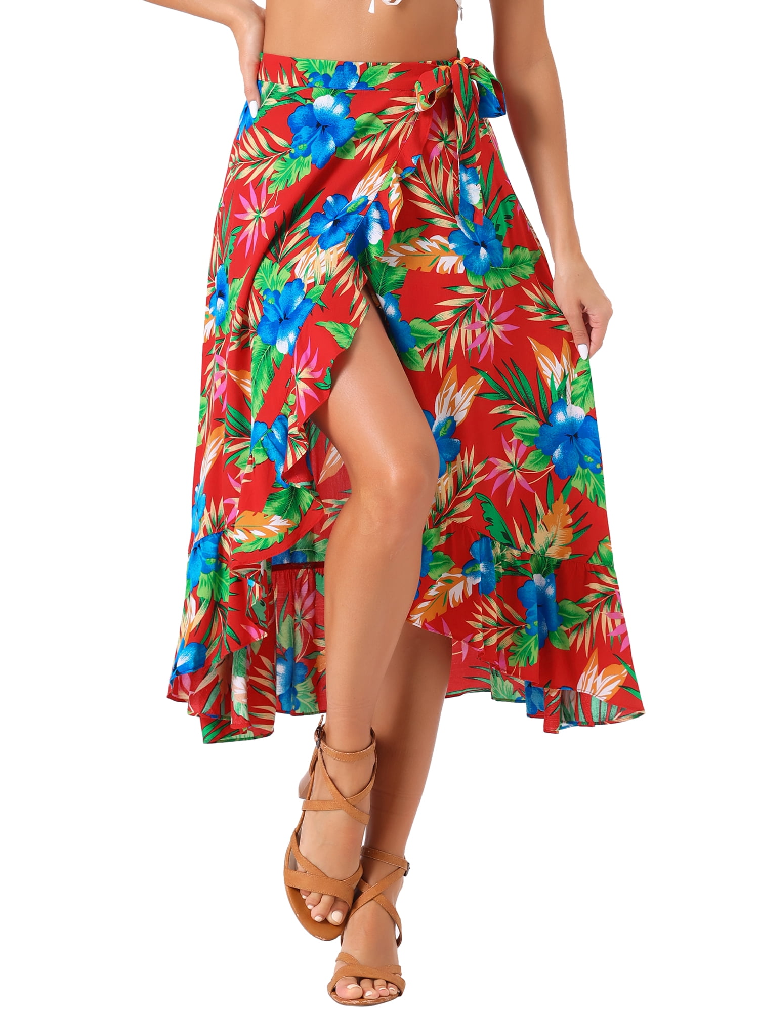 DARING DIVA Women's Ruffle Self Tie Knot Split Beach Wrap Midi Skirt S Red
