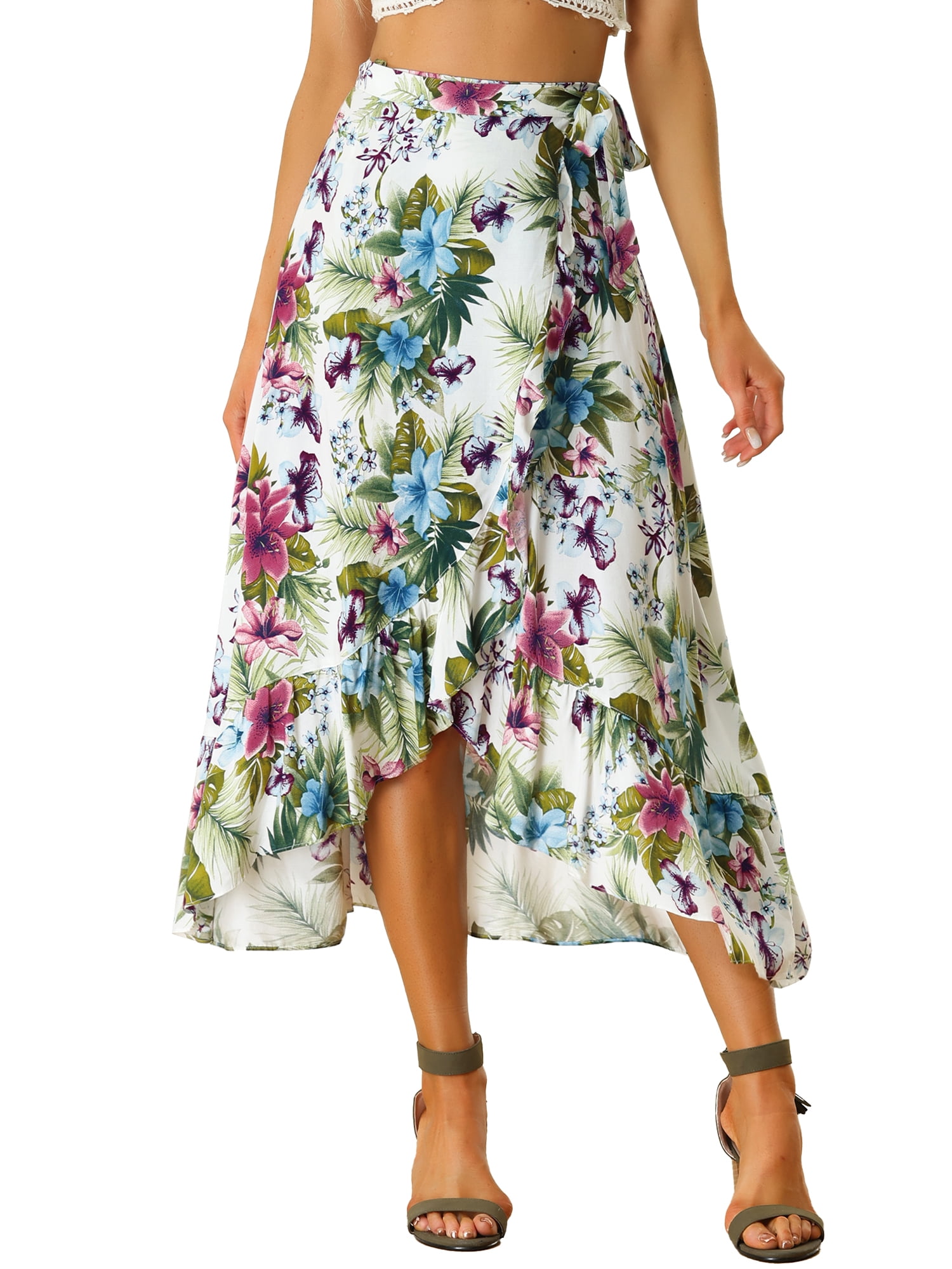 DARING DIVA Women's Ruffle Self Tie Knot Split Beach Wrap Midi Skirt S White