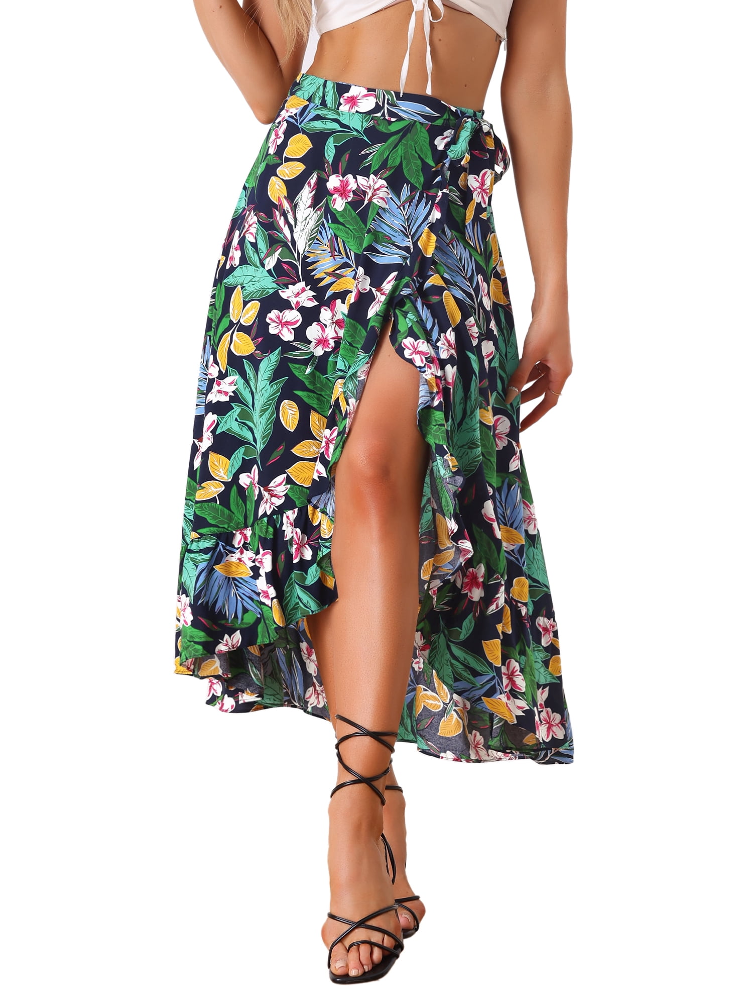 DARING DIVA Women's Ruffle Self Tie Knot Split Beach Wrap Midi Skirt XL Dark Blue