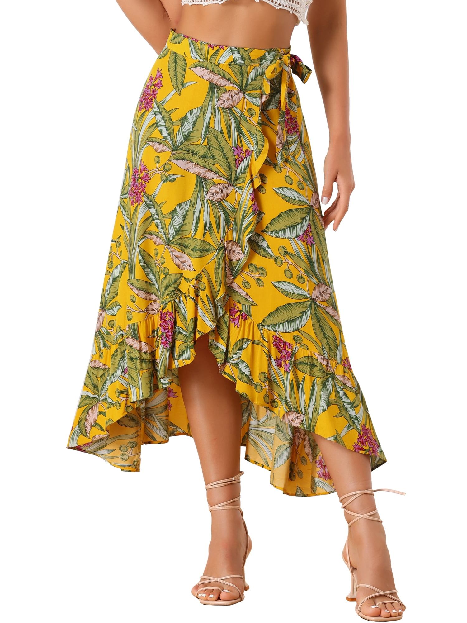DARING DIVA Women's Ruffle Self Tie Knot Split Beach Wrap Midi Skirt XS Yellow