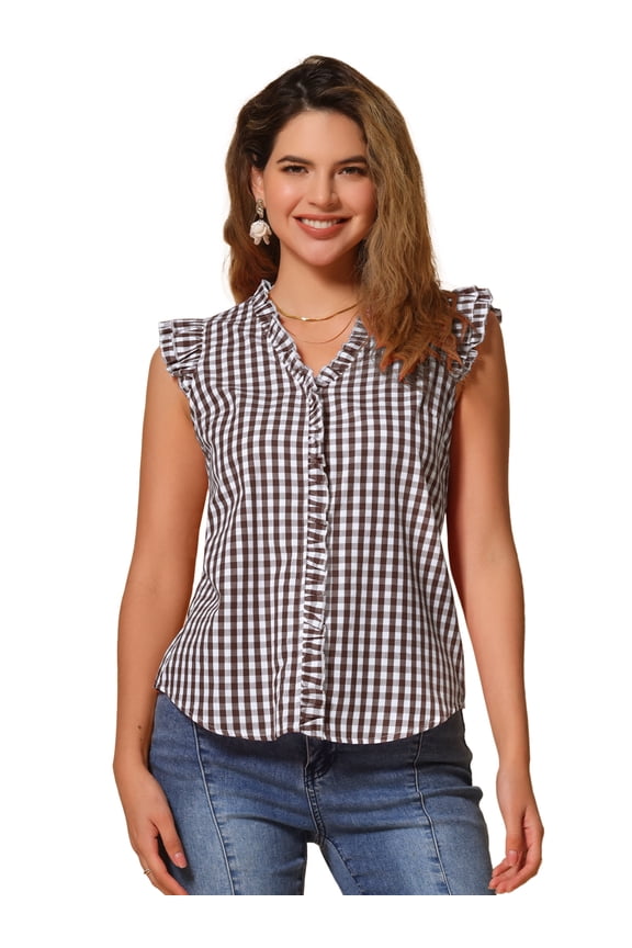 Women's Ruffle Shirt Vintage Cap Sleeve Checkered Blouse L Brown