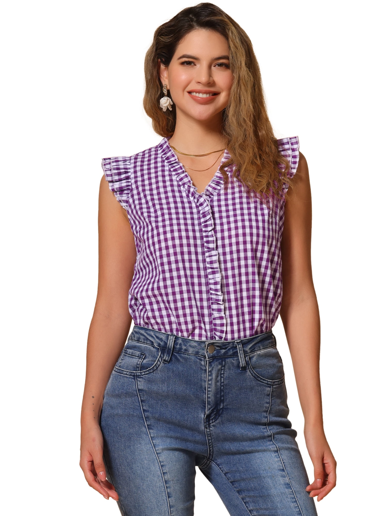 DARING DIVA Women's Ruffle Shirt Vintage Cap Sleeve Checkered Blouse L Purple