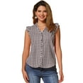 thumbnail image 1 of DARING DIVA Women's Ruffle Shirt Cap Sleeve Plaid Gingham Blouse M Brown, 1 of 6