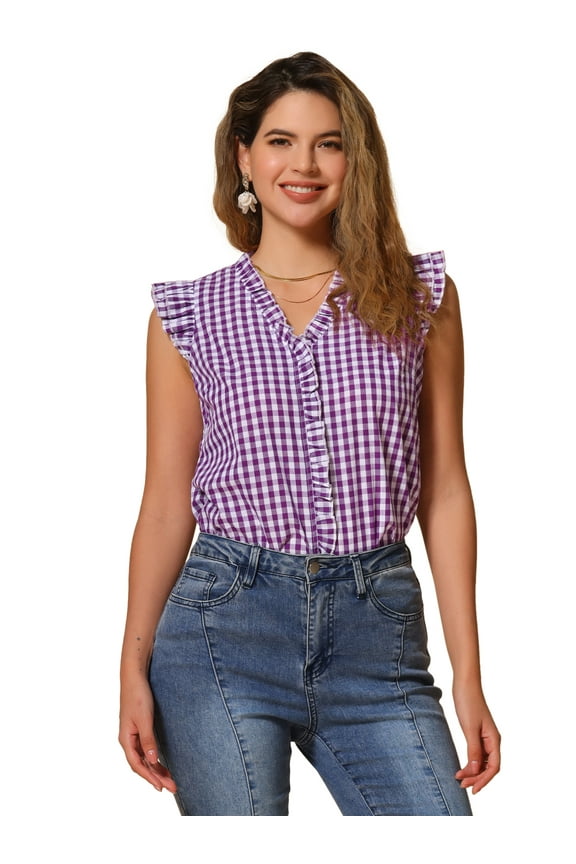 Women's Ruffle Shirt Cap Sleeve Plaid Gingham Blouse M Purple