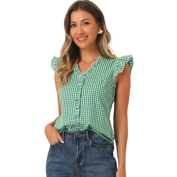DARING DIVA Women's Ruffle Shirt Cap Sleeve Plaid Gingham Blouse S Green