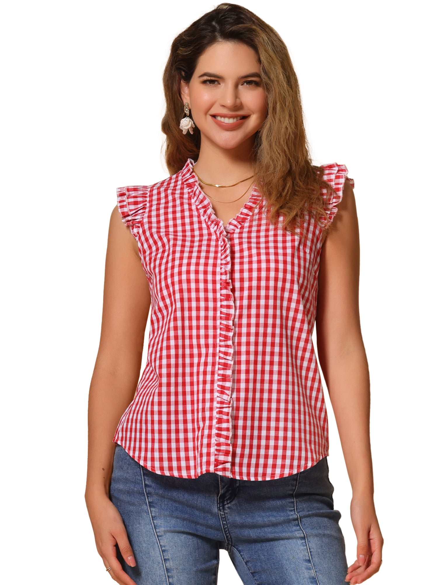 DARING DIVA Women's Ruffle Shirt Vintage Cap Sleeve Checkered Blouse S Hot Pink