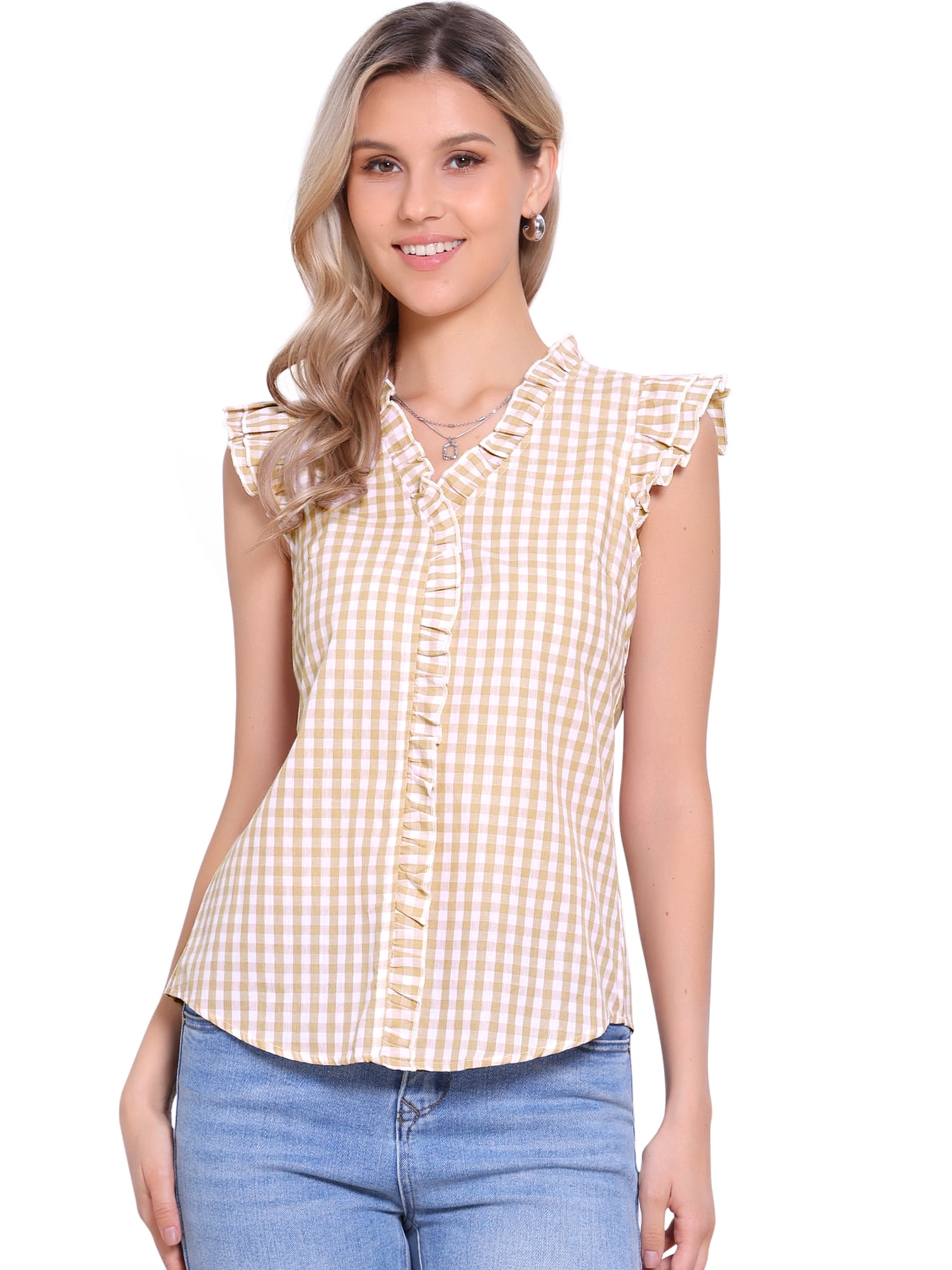 DARING DIVA Women's Ruffle Shirt Vintage Cap Sleeve Checkered Blouse L Light Khaki