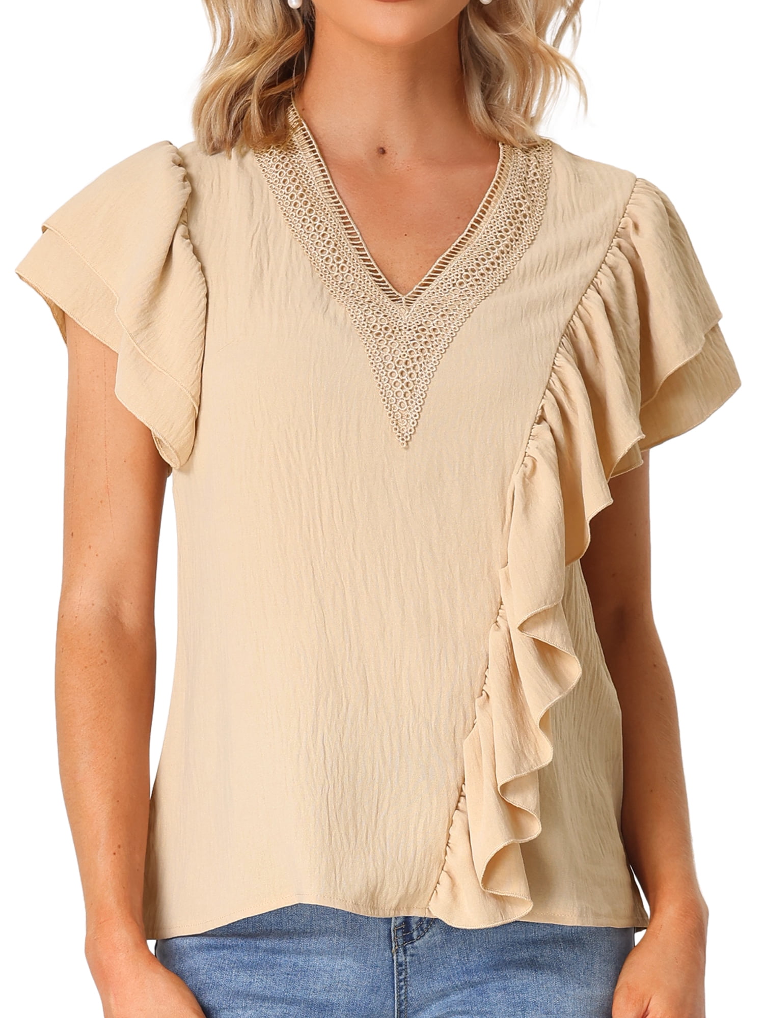DARING DIVA Women's Ruffle Short Sleeve Elegant V Neck Blouse XS Khaki