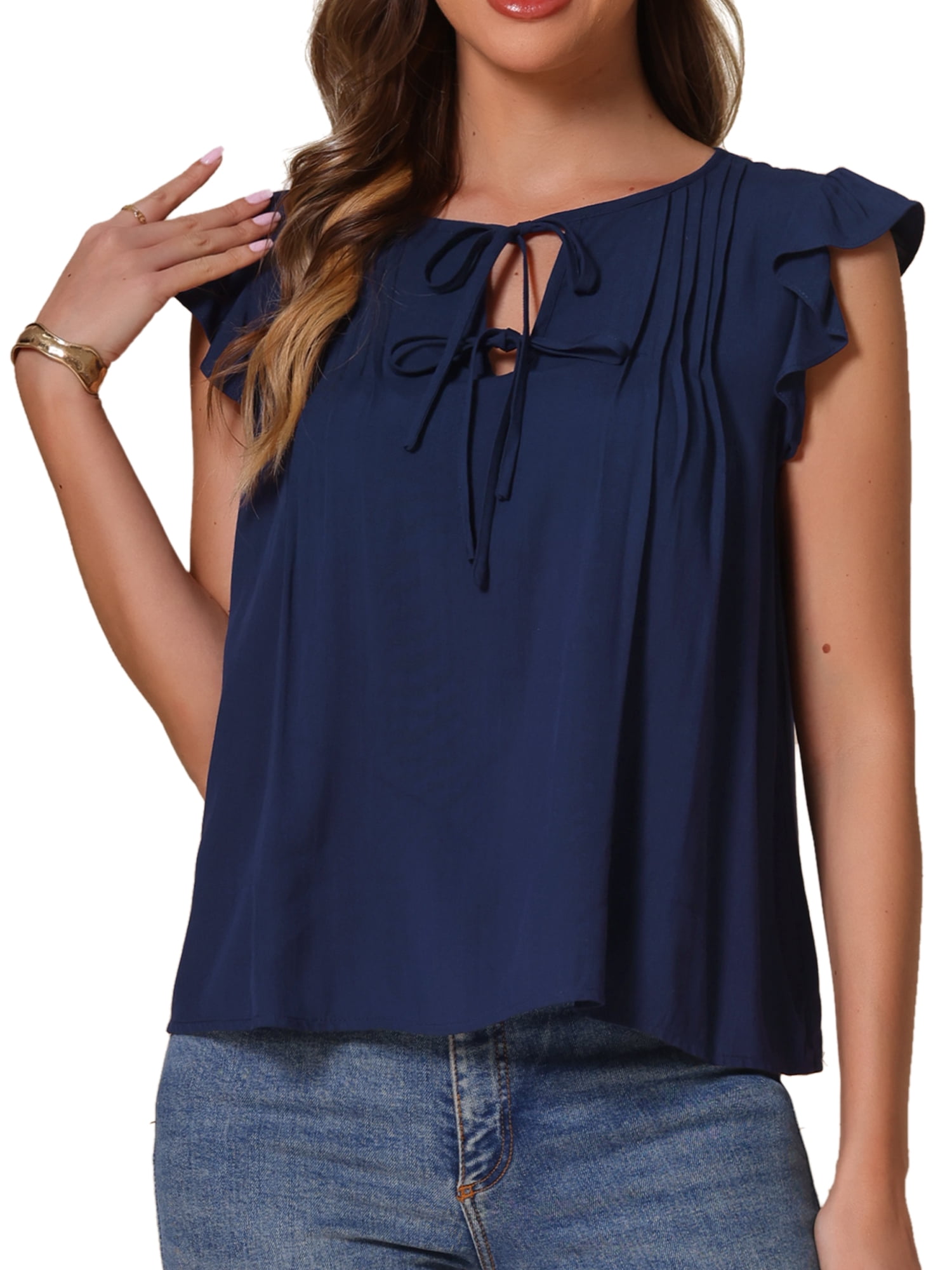 DARING DIVA Women's Ruffle Short Sleeve Front Tie V Neck Cute Blouses L Dark Blue