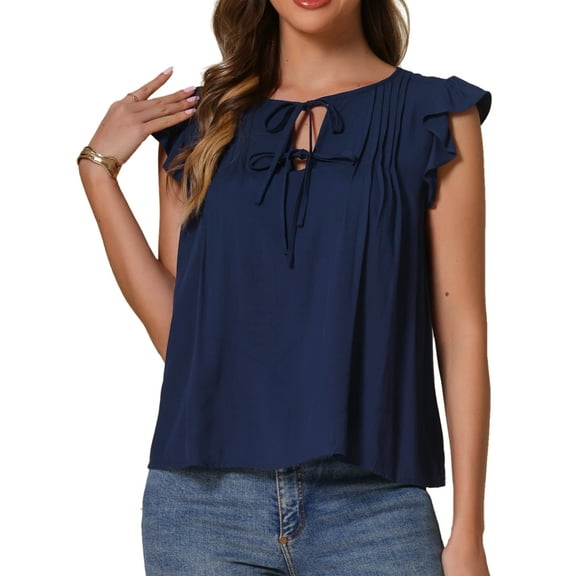 DARING DIVA Women's Ruffle Short Sleeve Front Casual Blouses XS Dark Blue