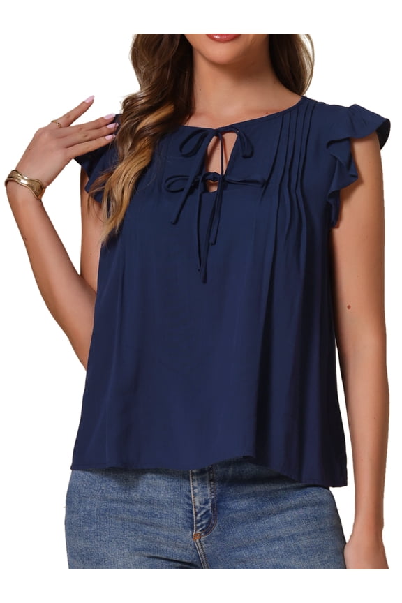 Women's Ruffle Short Sleeve Front Casual Blouses XS Dark Blue