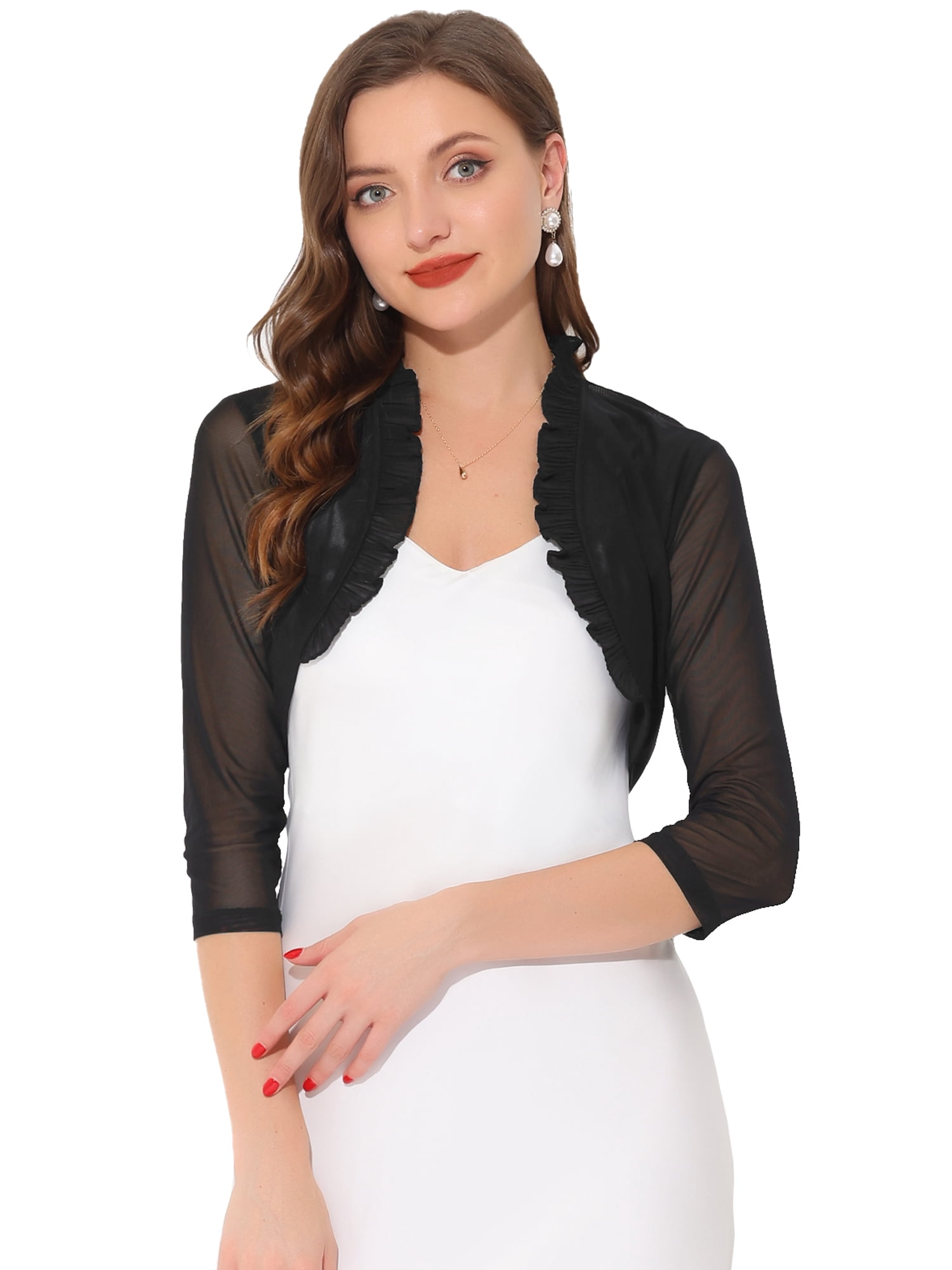 DARING DIVA Women's Ruffle Shrug Mesh Crop Bolero Cardigan L Black