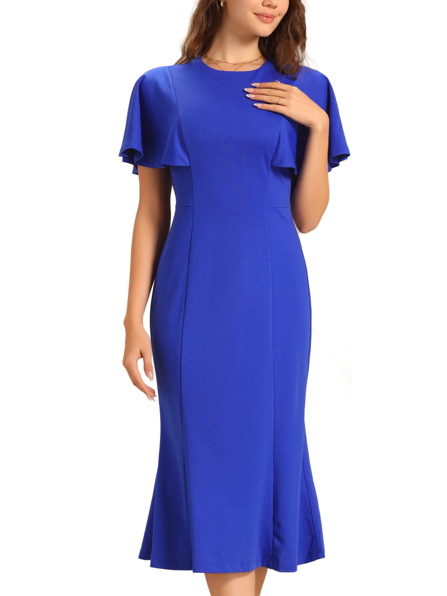DARING DIVA Women's Ruffle Sleeve Cocktail Party Midi Sheath Dress S Royal Blue