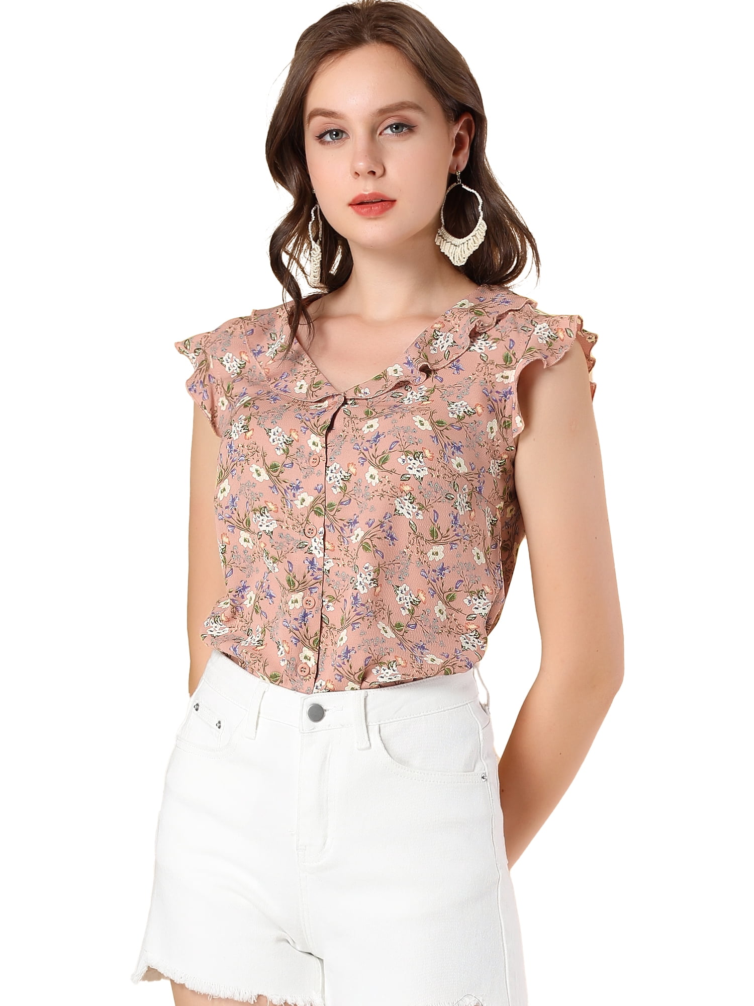 DARING DIVA Women's Ruffle Sleeveless Button Up Floral Shirt L Dark Pink