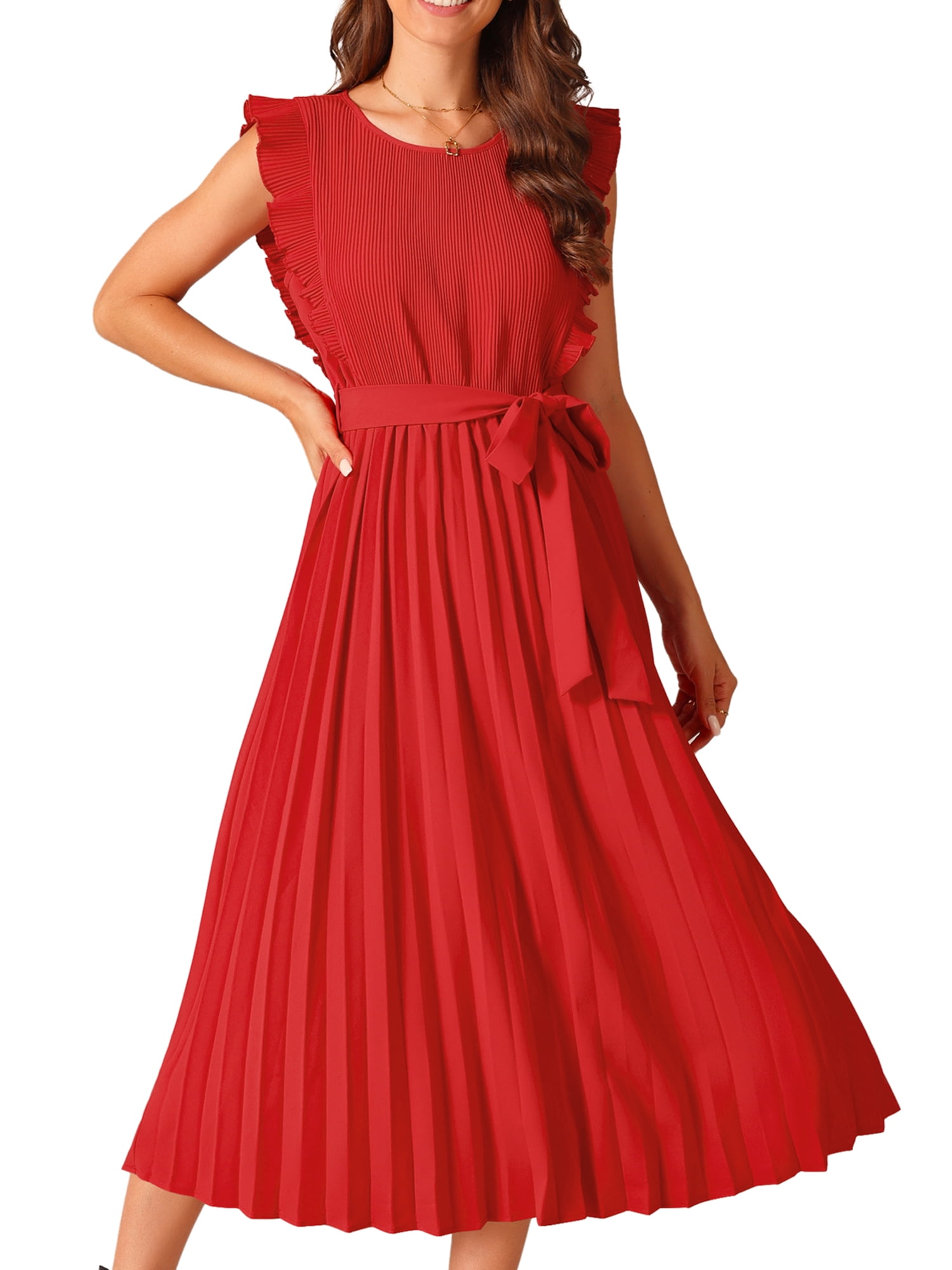 DARING DIVA Women's Ruffle Sleeveless Midi Dress with Tie Waist Belt 2XL Red