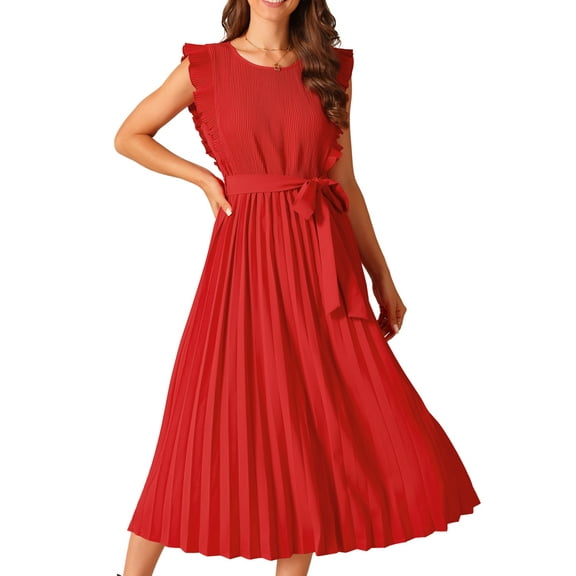 DARING DIVA Women's Ruffle Sleeveless Midi Dress with Tie Waist Belt 2XL Red
