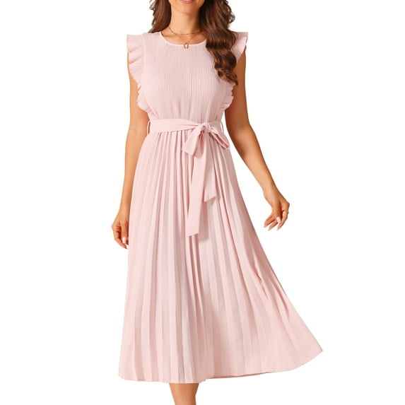 DARING DIVA Women's Ruffle Sleeveless Midi Dress with Tie Waist Belt S Pink