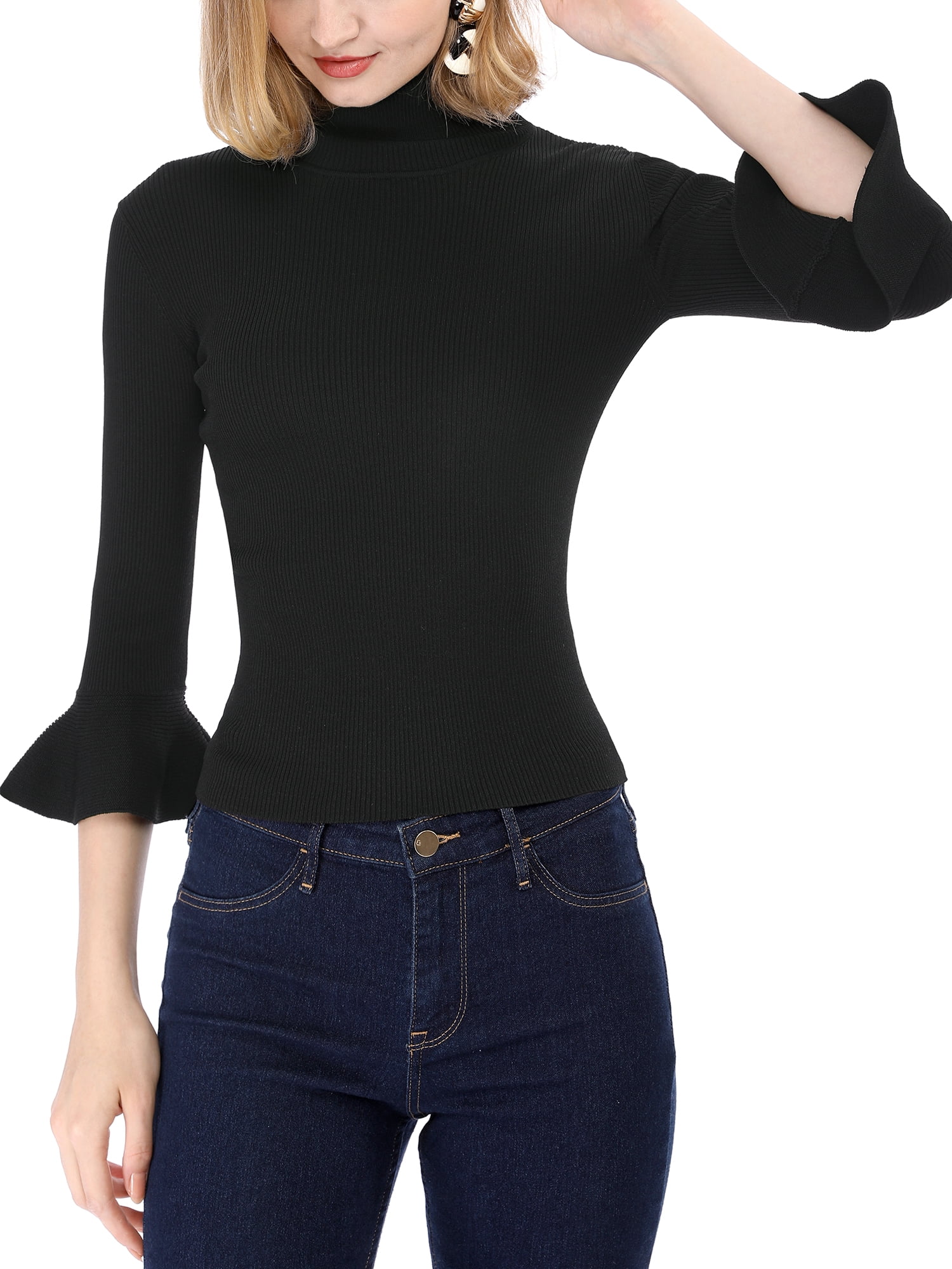 DARING DIVA Women's Ruffle Sleeves Pullover Knit Turtleneck Sweater L Black