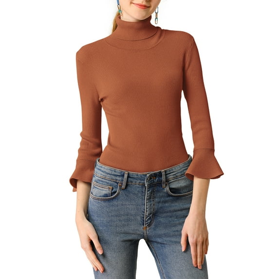 DARING DIVA Women's Ruffle Sleeves Pullover Knit Turtleneck Sweater M Caramel