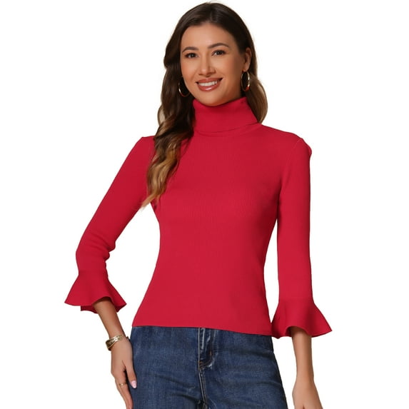 DARING DIVA Women's Ruffle Sleeves Pullover Knit Turtleneck Sweater S Deep Red