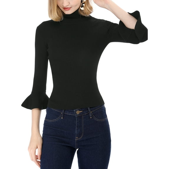 DARING DIVA Women's Ruffle Sleeves Pullover Knit Turtleneck Sweater XL Black