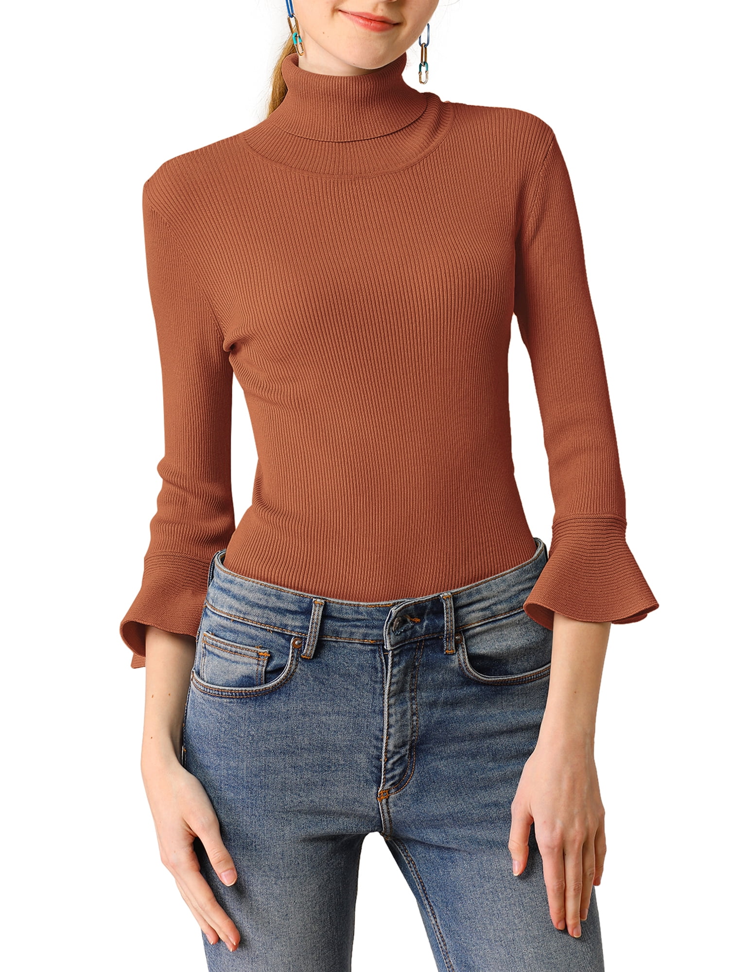 DARING DIVA Women's Ruffle Sleeves Pullover Knit Turtleneck Sweater XS Caramel