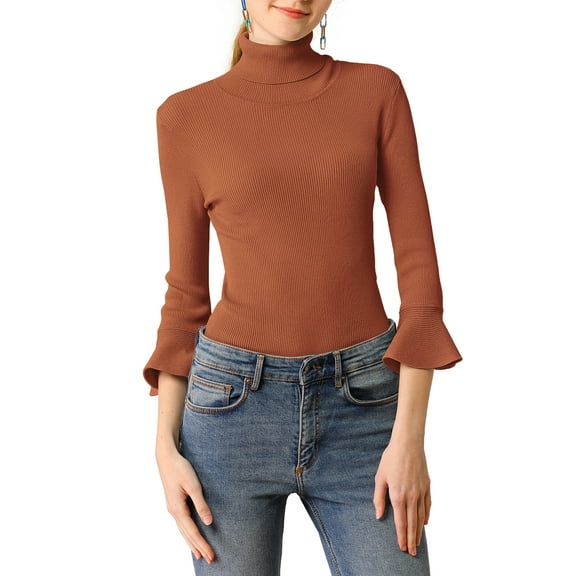 DARING DIVA Women's Ruffle Sleeves Pullover Knit Turtleneck Sweater XS Caramel