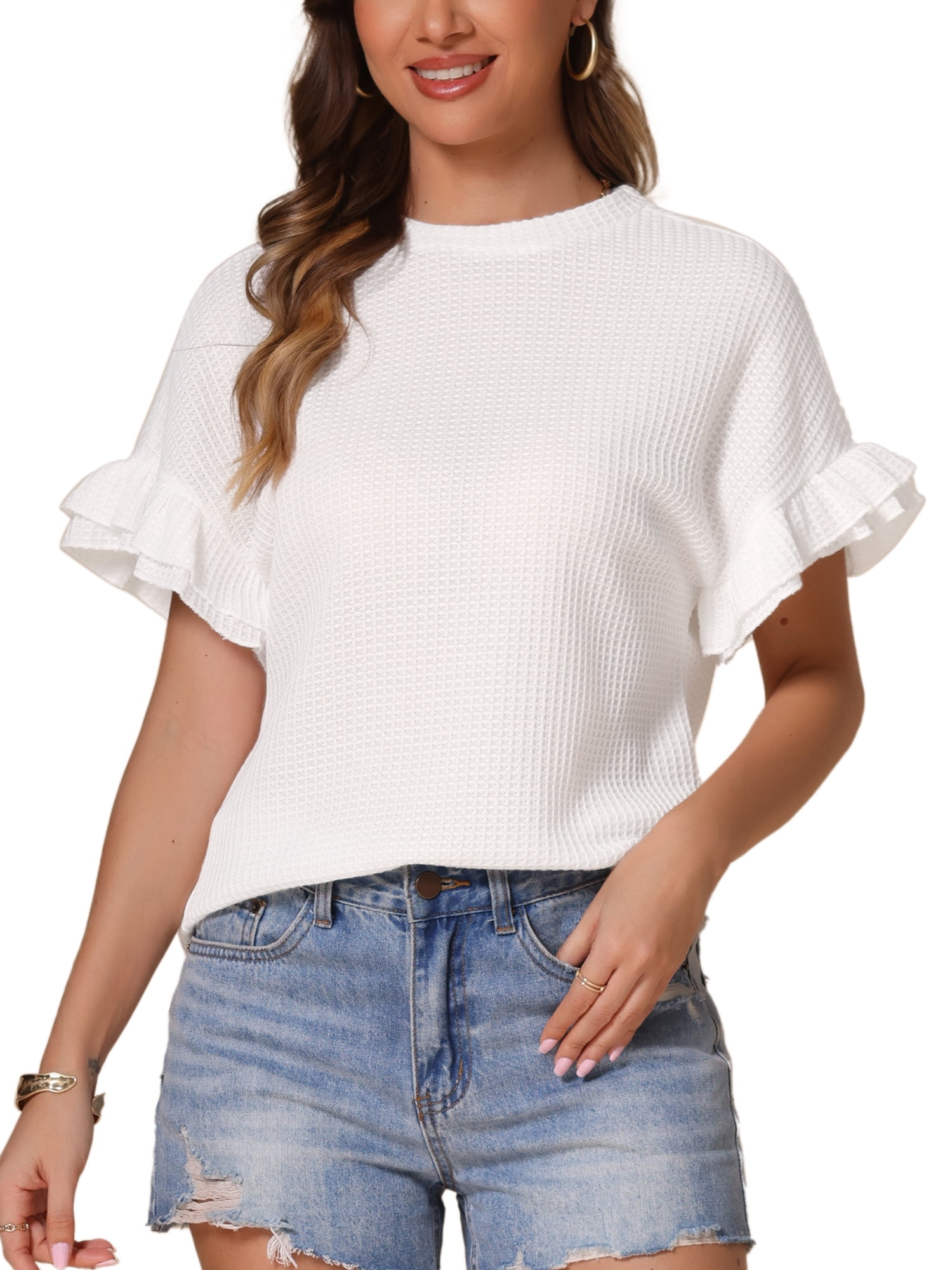 DARING DIVA Women's Ruffle Sleeves Waffle Knit Basic Casual Blouses S White