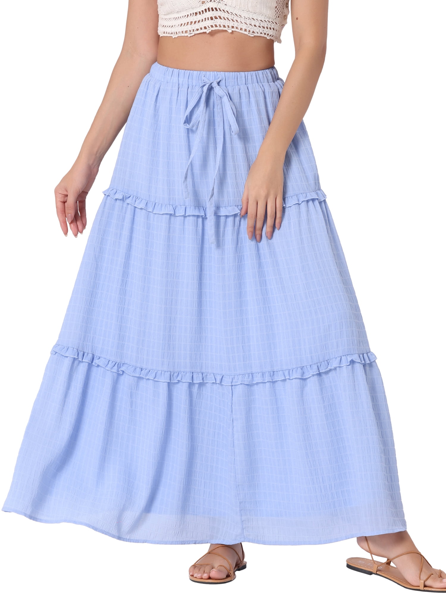 DARING DIVA Women's Ruffle Swing Skirts Beach Tiered Long Maxi Skirt M Light Blue