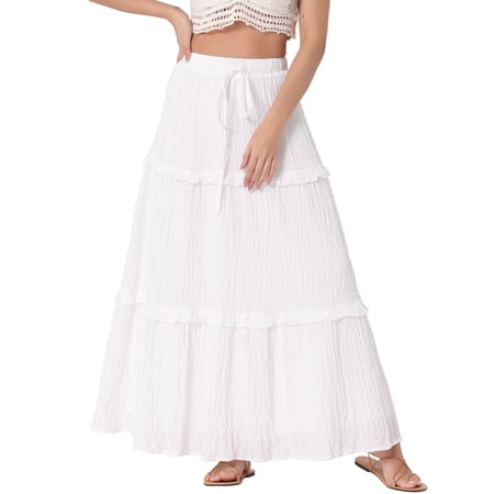 DARING DIVA Women's Ruffle Swing Skirts Beach Tiered Long Maxi Skirt XL White