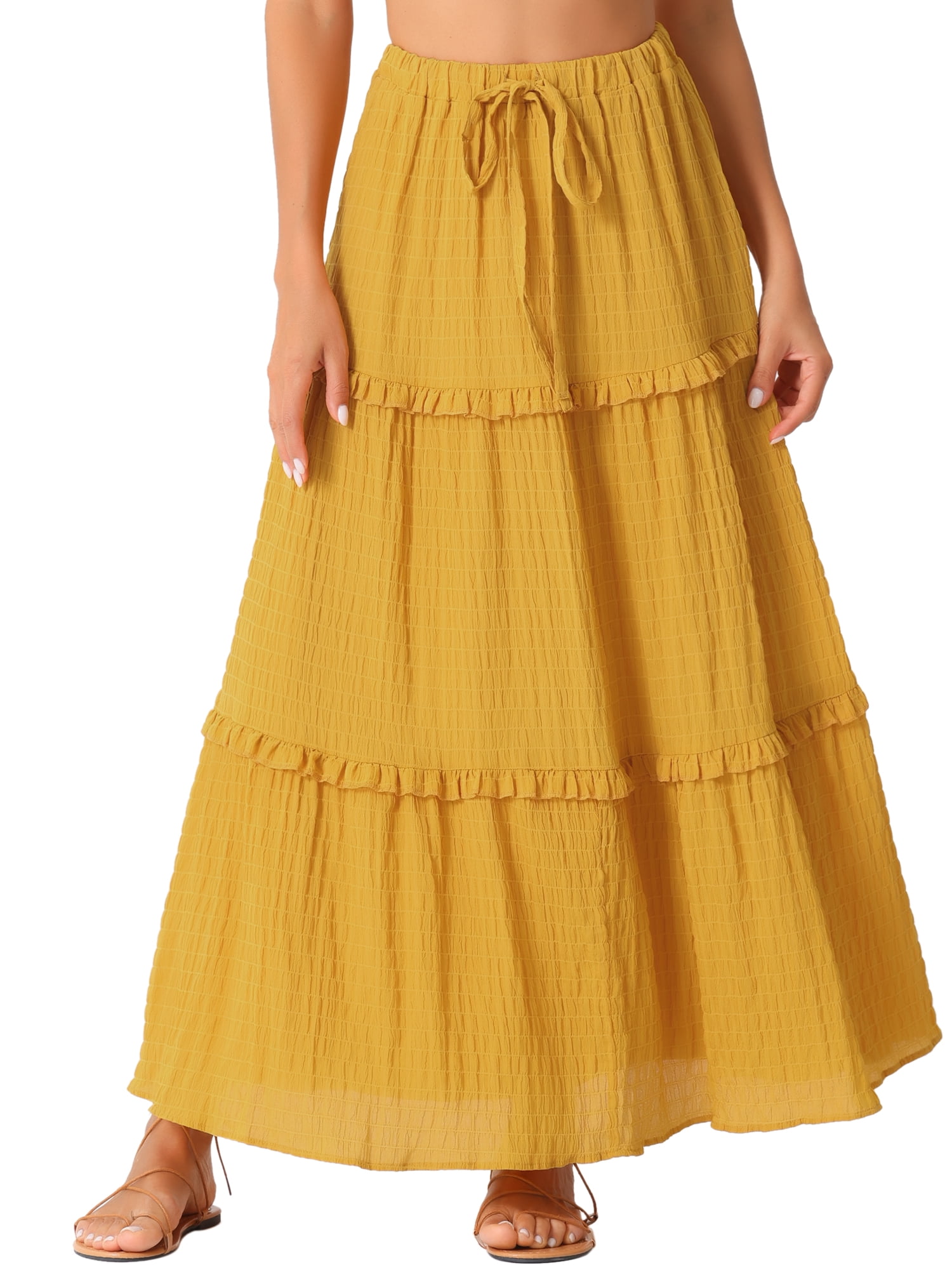 DARING DIVA Women's Ruffle Swing Skirts Beach Tiered Long Maxi Skirt XL Yellow
