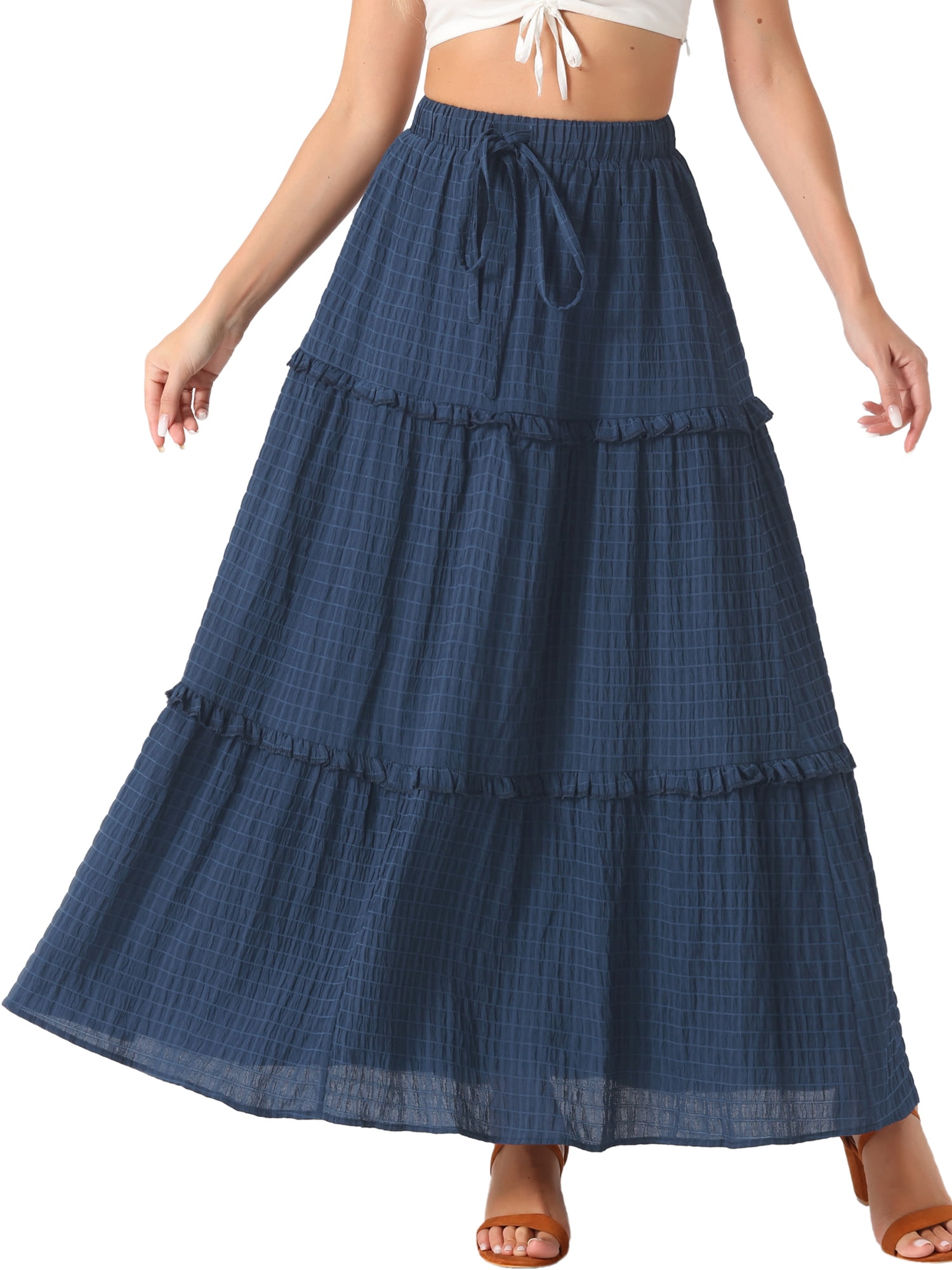 DARING DIVA Women's Ruffle Swing Skirts Beach Tiered Long Maxi Skirt XS Dark Blue