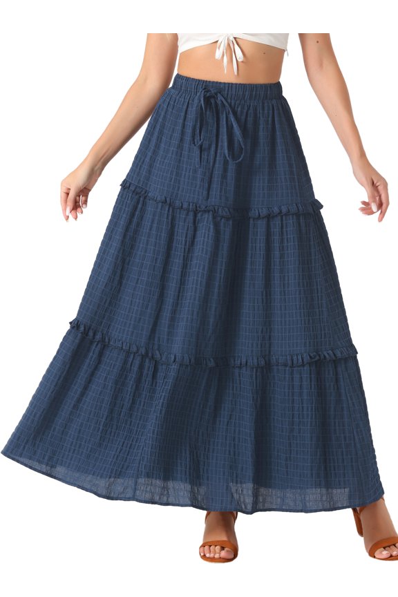 Women's Ruffle Swing Skirts Beach Tiered Long Maxi Skirt XS Dark Blue