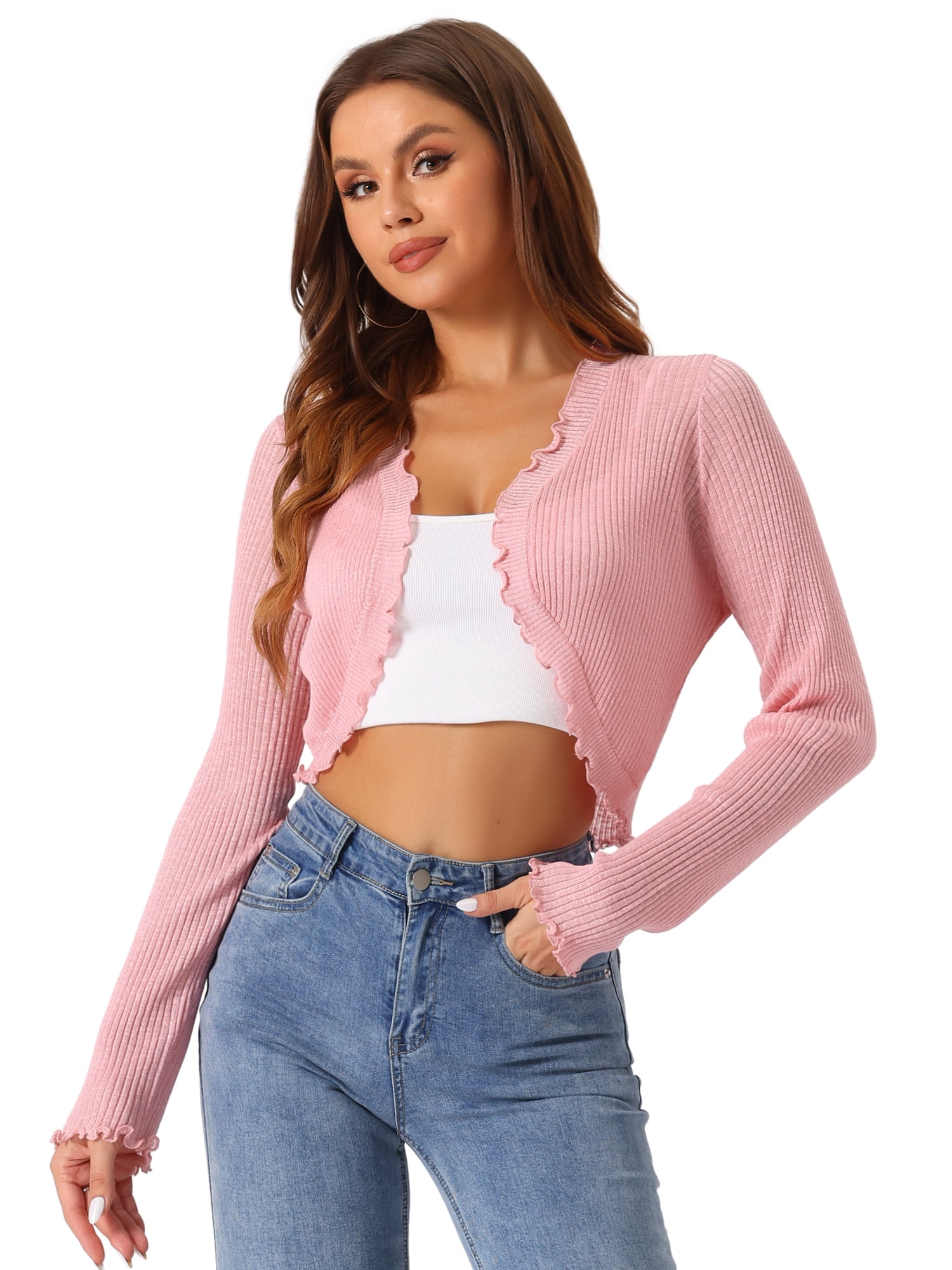 DARING DIVA Women's Ruffle Trim Long Sleeve Shrug Knit Open Front Cardigan S Pink