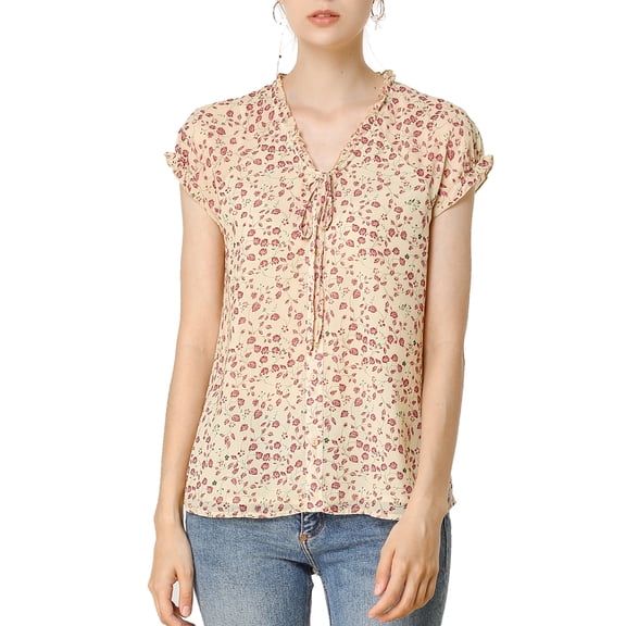 DARING DIVA Women's Ruffle V Neck Cap Sleeve Chiffon Floral Blouse Top L Apricot