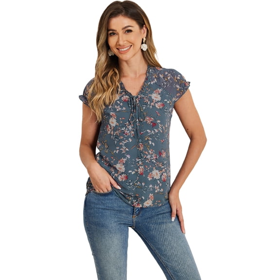 DARING DIVA Women's Ruffle V Neck Cap Sleeve Chiffon Floral Blouse Top L Grey Blue