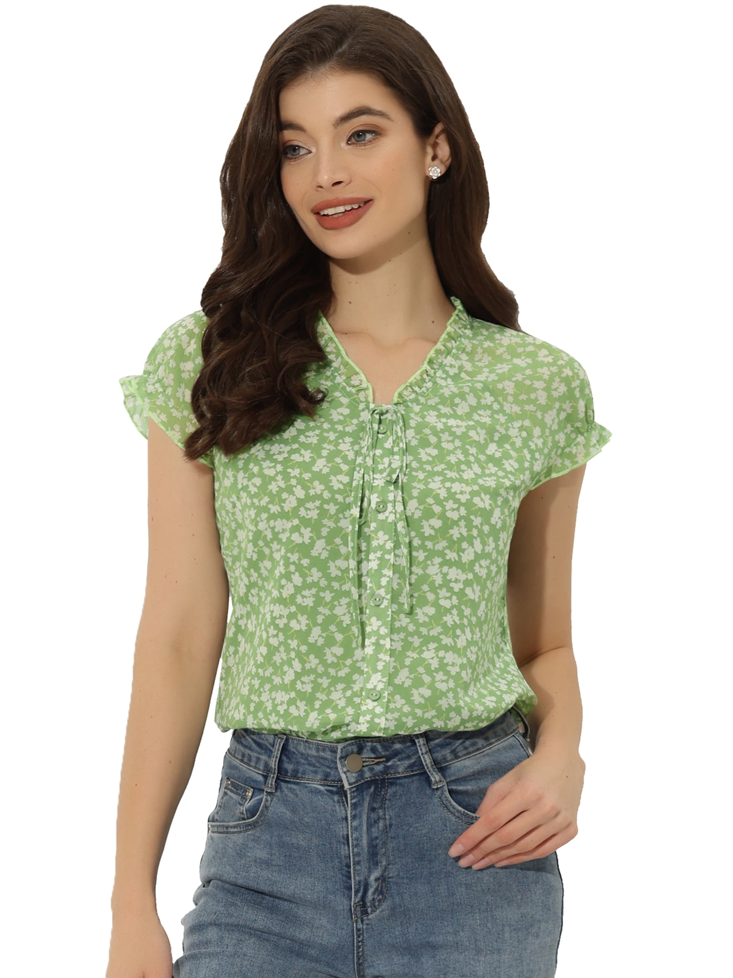 DARING DIVA Women's Ruffle V Neck Cap Sleeve Chiffon Floral Blouse Top L Light Green