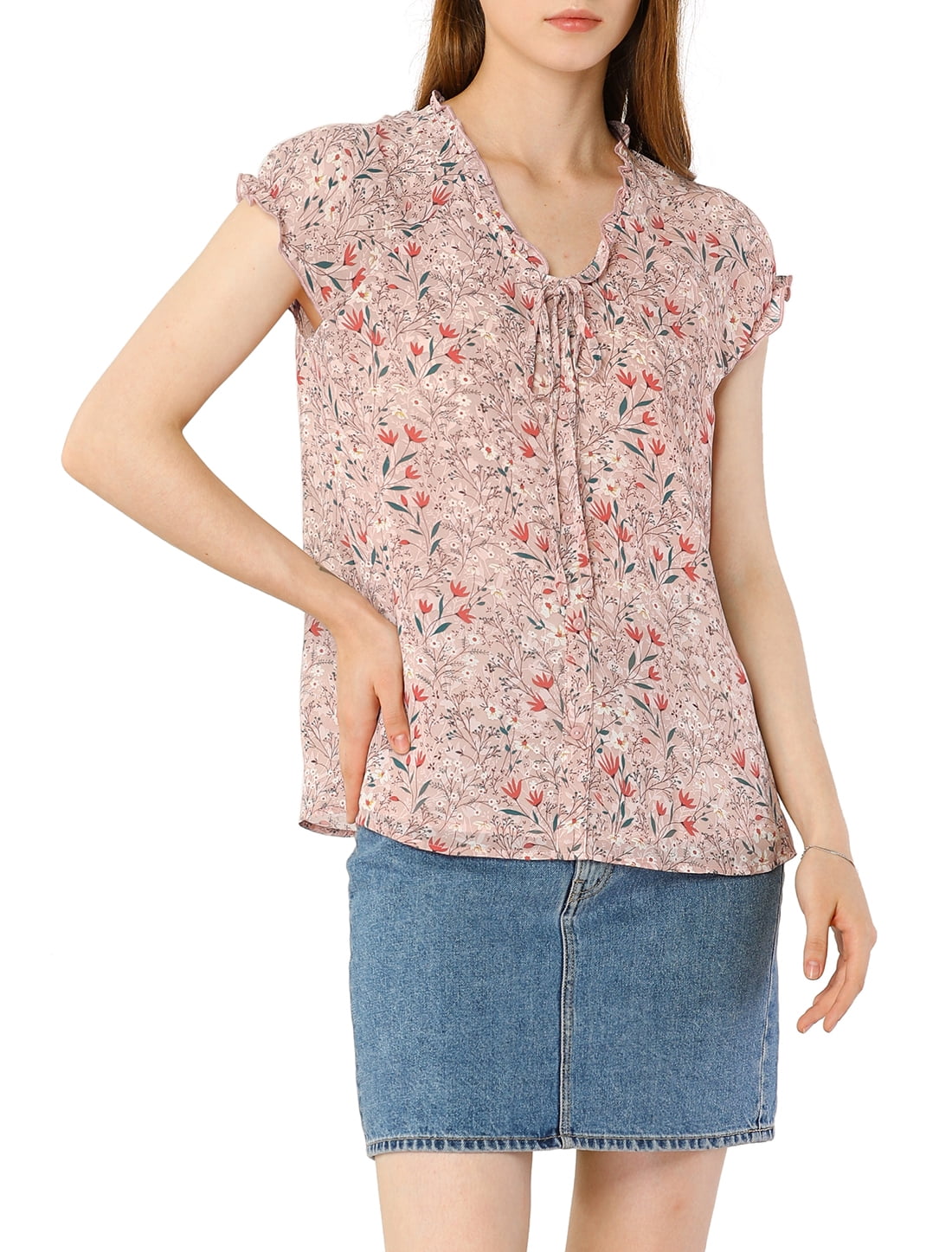 DARING DIVA Women's Ruffle V Neck Cap Sleeve Chiffon Floral Blouse Top L Pink