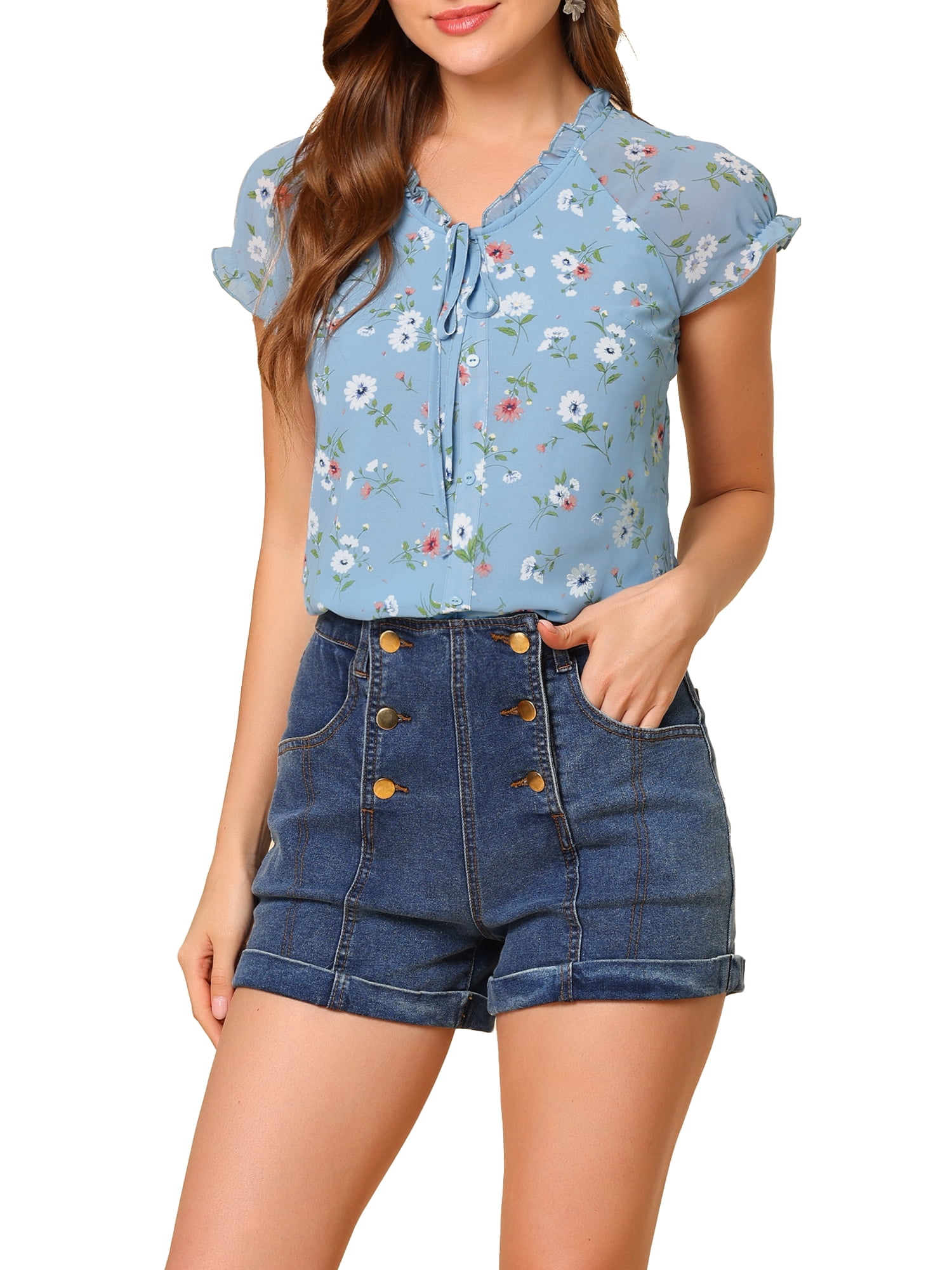 DARING DIVA Women's Ruffle V Neck Cap Sleeve Chiffon Floral Blouse Top S Blue