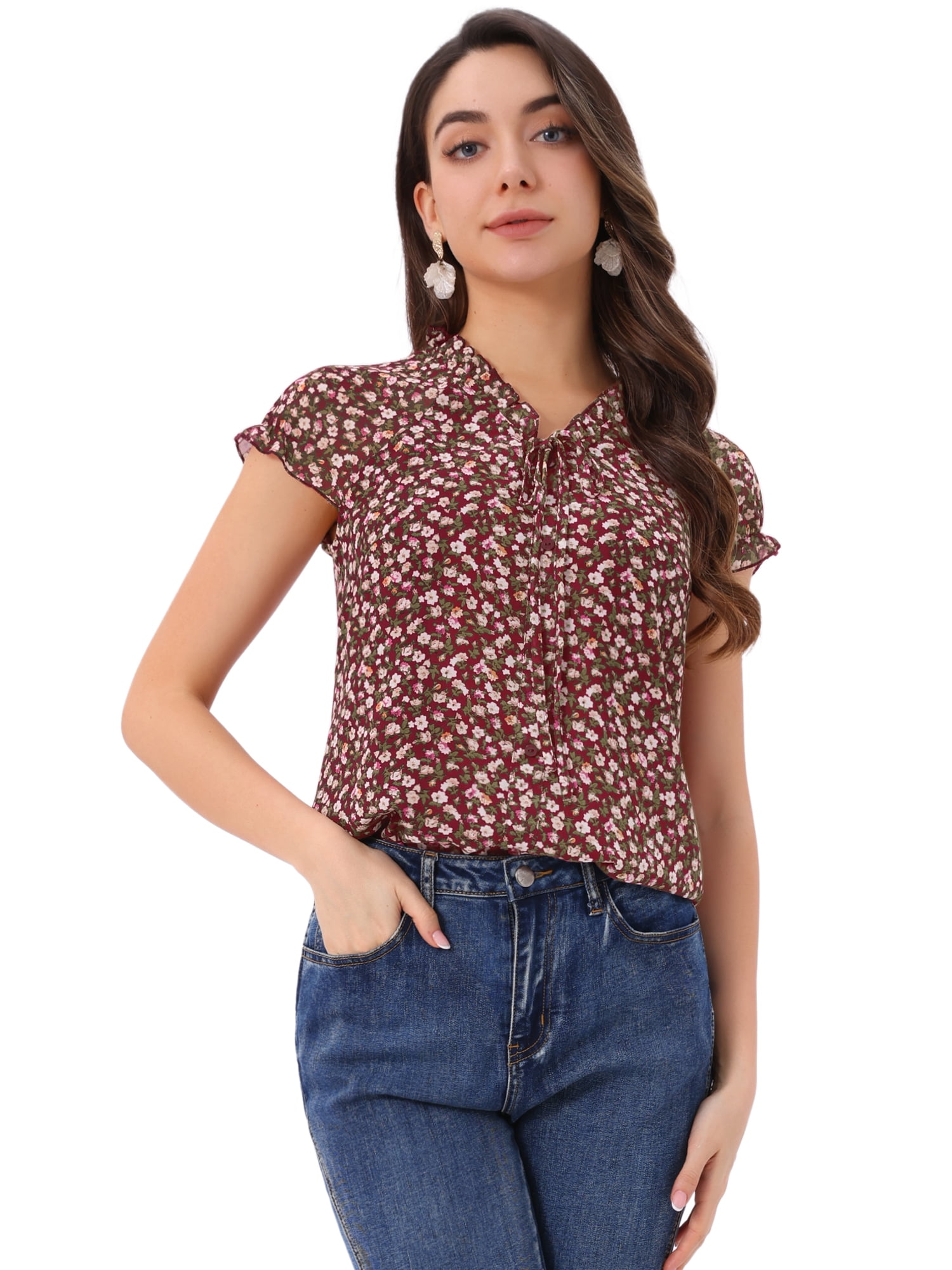 DARING DIVA Women's Ruffle V Neck Cap Sleeve Chiffon Floral Blouse Top S Dark Red