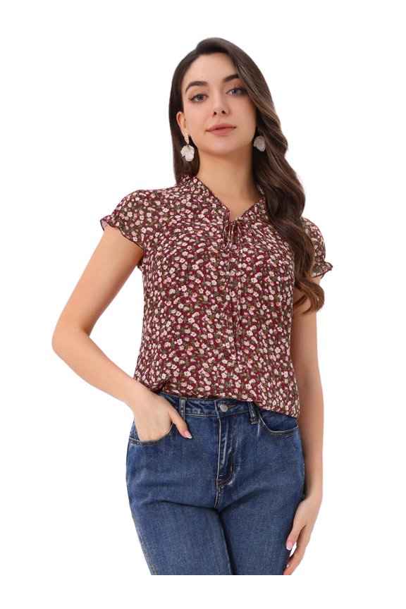 Women's Ruffle V Neck Cap Sleeve Chiffon Floral Blouse Top S Dark Red