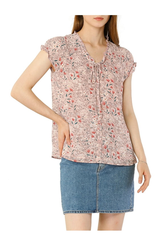 Women's Ruffle V Neck Cap Sleeve Chiffon Floral Blouse Top S Pink